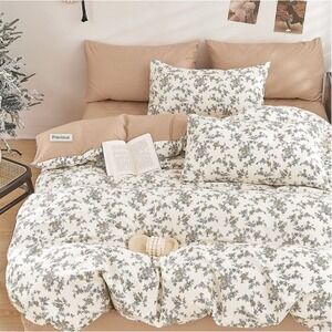 Demi-Dusk Gray White Brown‎ Floral 100% Cotton Reversible Comforter Set King